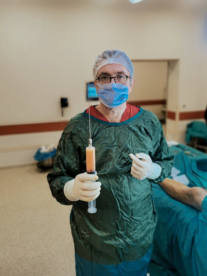 Plastic surgeon in scrubs holding a syringe during surgery in a hospital operating room.